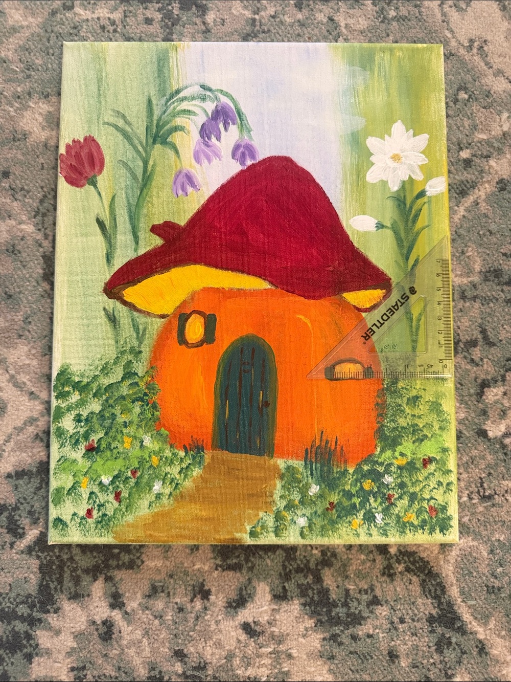 Hand-Painted Orange Mushroom House - original acrylics painting